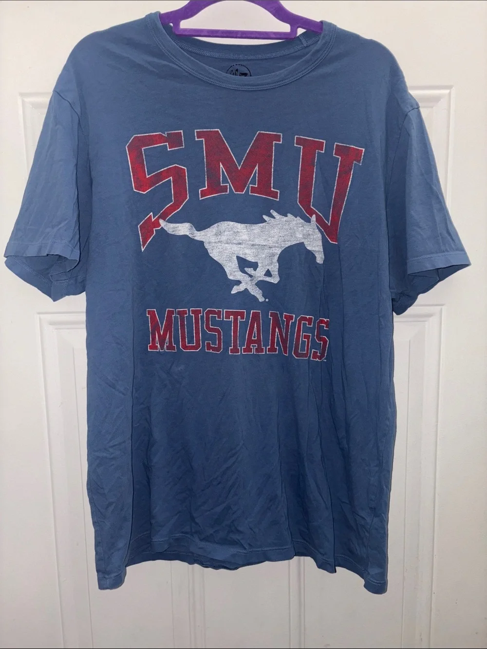 SMU Mustangs Short Sleeve Tee in Blue with Red Graphic